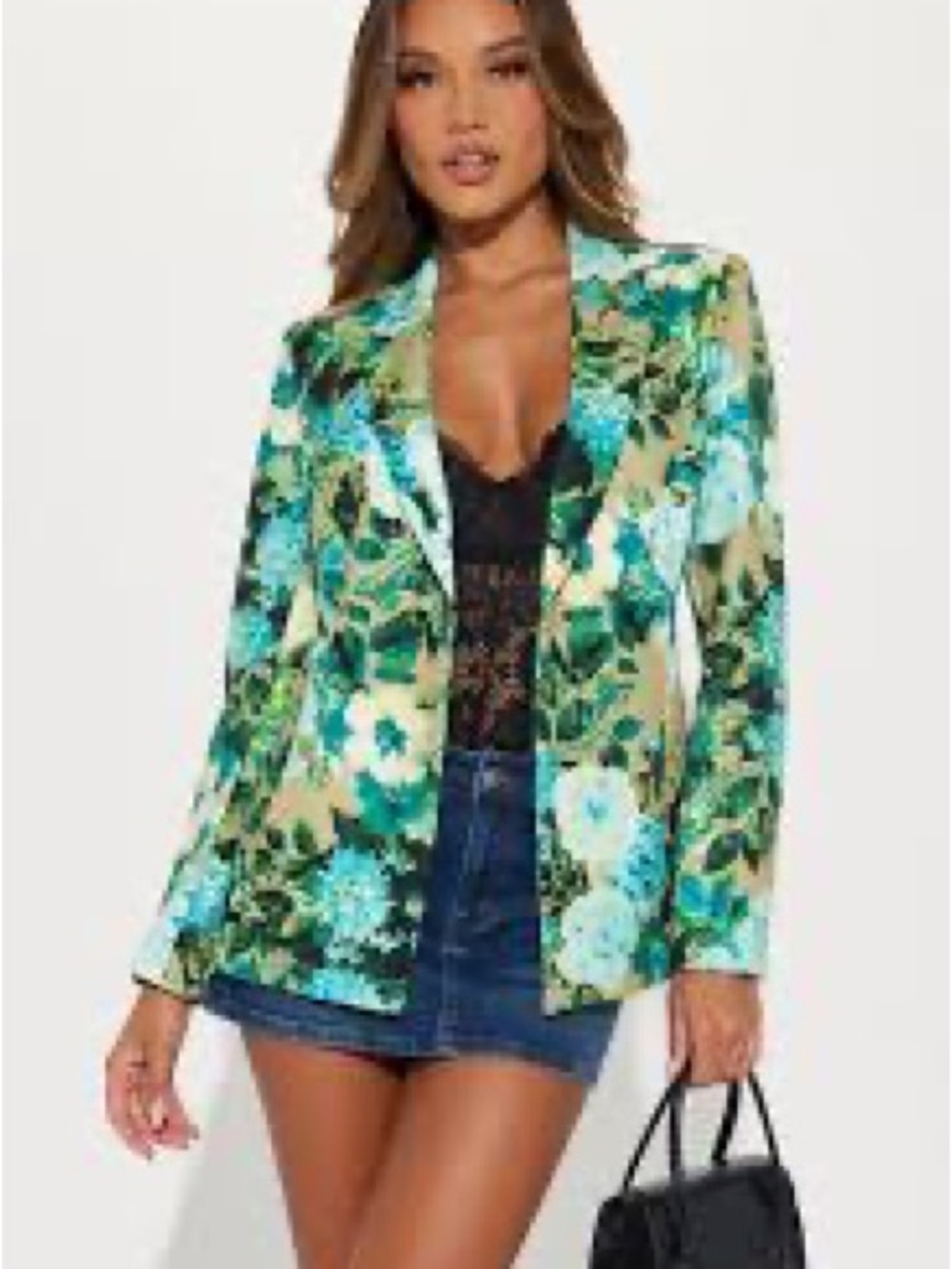 Fashion Nova Teal & Green Floral Satin Blazer